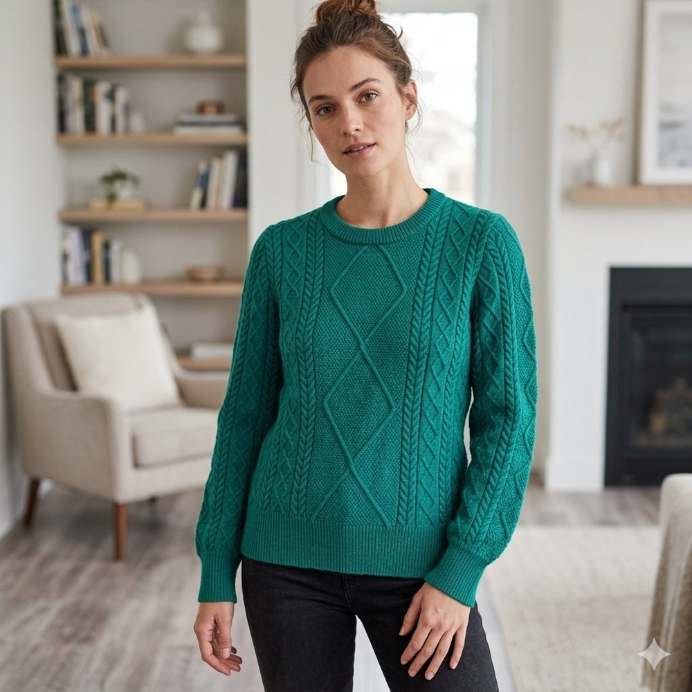 Cyrus Women's Cabincore Green Cable Knit Crewneck Sweater Size Large
